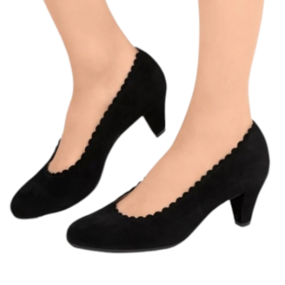 Beautifeel Estella‎ Black Suede Scalloped Trim Heels Pumps Size 37 US 6 - 6.5 - Picture 1 of 12